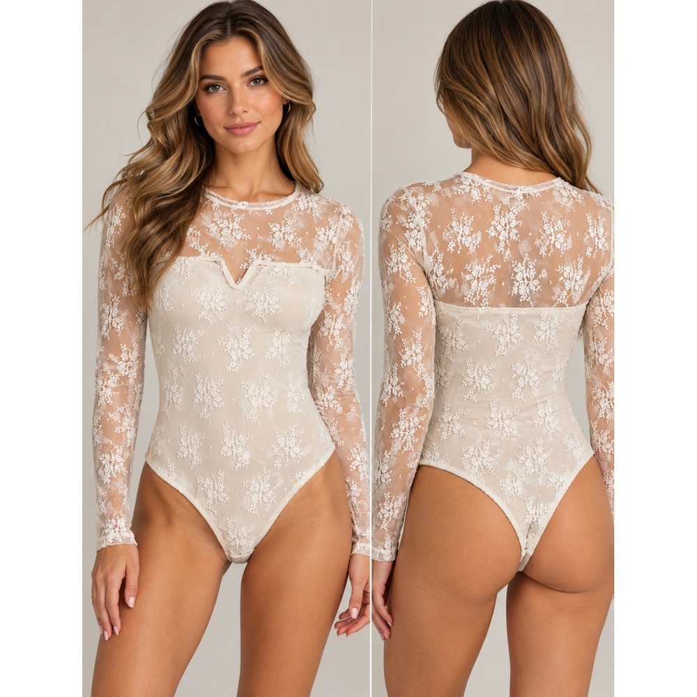 SO Womens Floral Lace Long Sleeve Bodice Cream Ivory Notched V-Neck Small